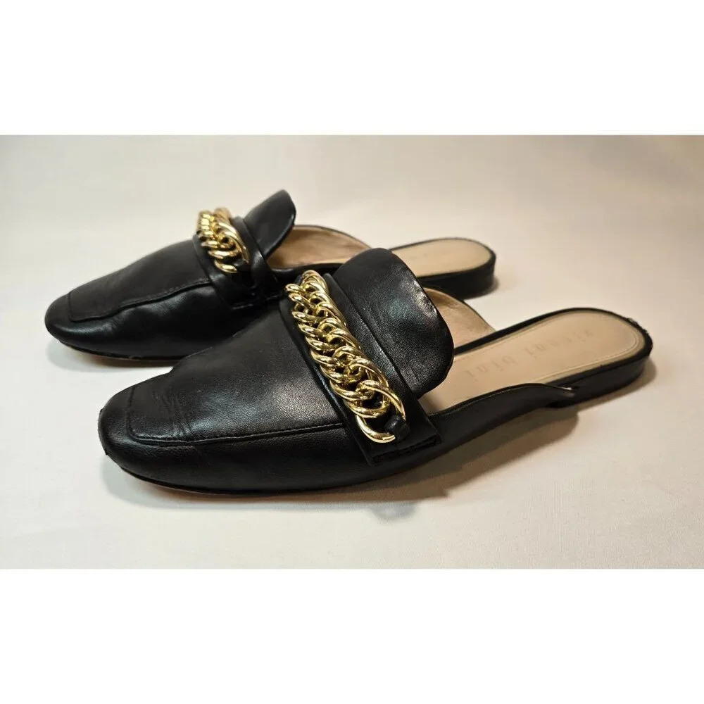 Gianni Bini Black Flat Mule Slip-On Gold Chain Sz 7 Leather Embellished Career - Picture 9 of 10